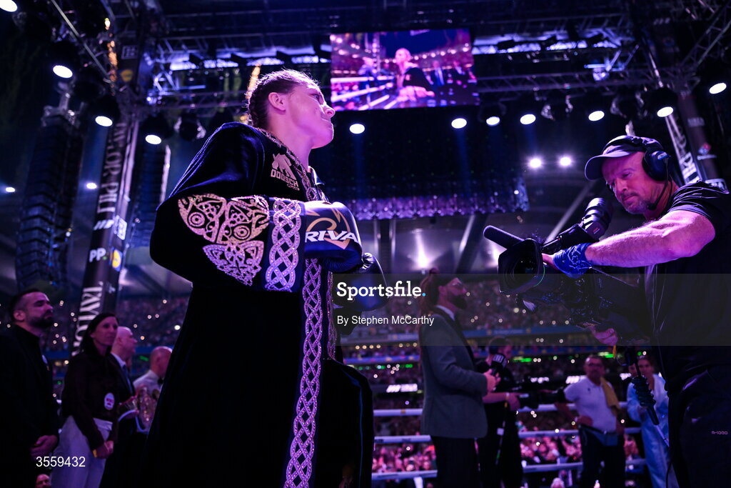 5 September 2026; Katie Taylor before her undisputed super lightweight championship fight with Flora Pili at the Once Upon A Time fight night in Croke Park, Dublin. Photo by Stephen McCarthy/Sportsfile