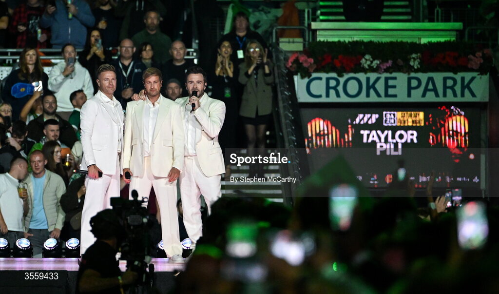 5 September 2026;  Nicky Byrne, left, Kian Egan, centre, and Shane Filan of Westlife perform ahead of the undisputed super lightweight championship fight between Katie Taylor and Flora Pili at the Once Upon A Time fight night in Croke Park, Dublin. Photo by Stephen McCarthy/Sportsfile
