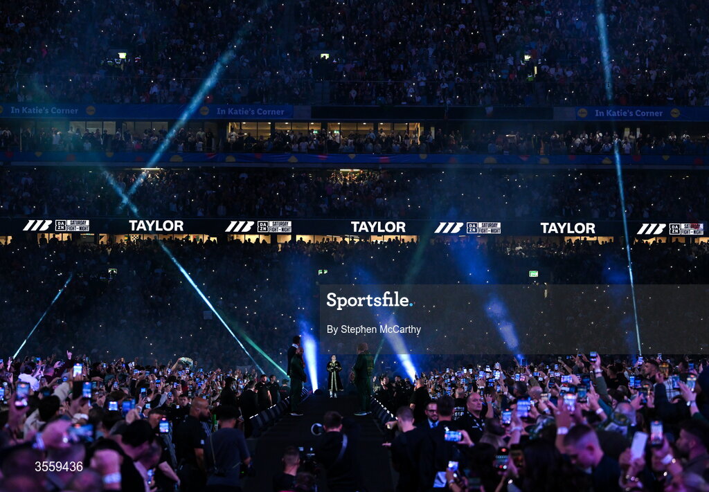 5 September 2026; Katie Taylor makes her way to the ring for undisputed super lightweight championship fight with Flora Pili at the Once Upon A Time fight night in Croke Park, Dublin. Photo by Stephen McCarthy/Sportsfile