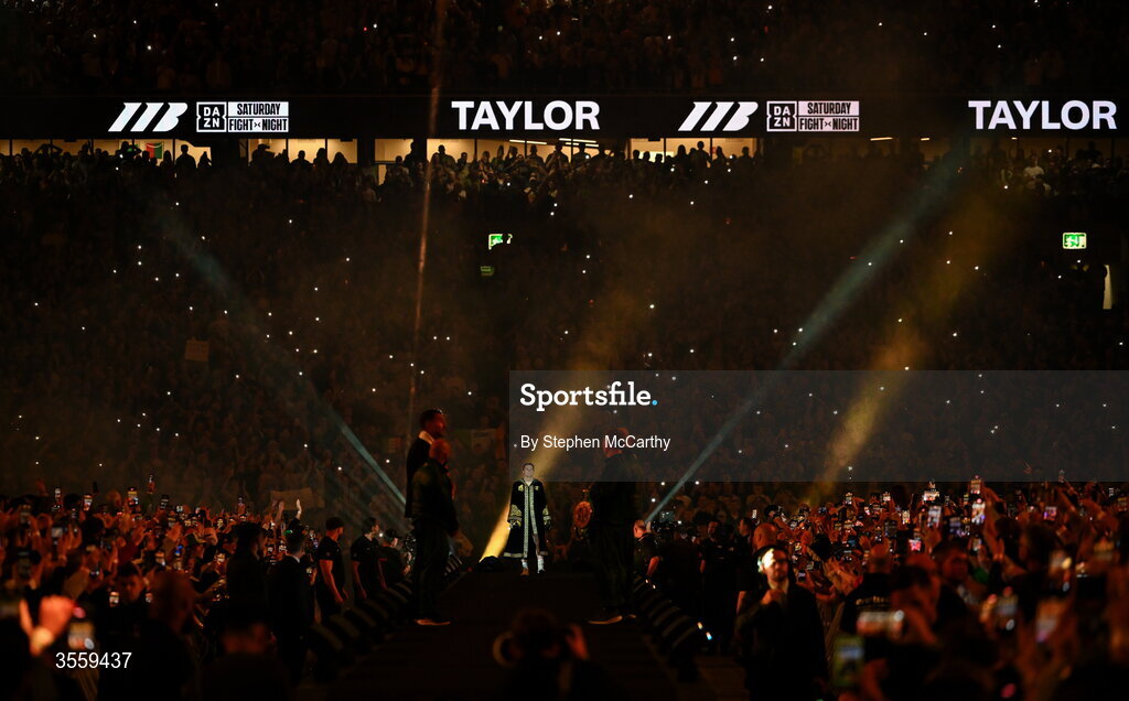 5 September 2026; Katie Taylor makes her way to the ring for undisputed super lightweight championship fight with Flora Pili at the Once Upon A Time fight night in Croke Park, Dublin. Photo by Stephen McCarthy/Sportsfile