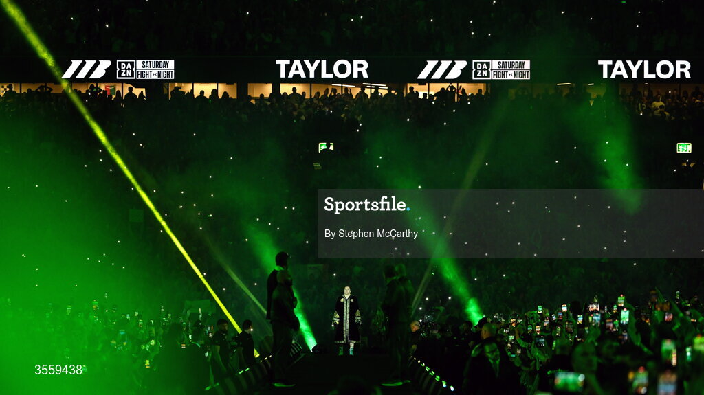 5 September 2026; Katie Taylor makes her way to the ring for undisputed super lightweight championship fight with Flora Pili at the Once Upon A Time fight night in Croke Park, Dublin. Photo by Stephen McCarthy/Sportsfile