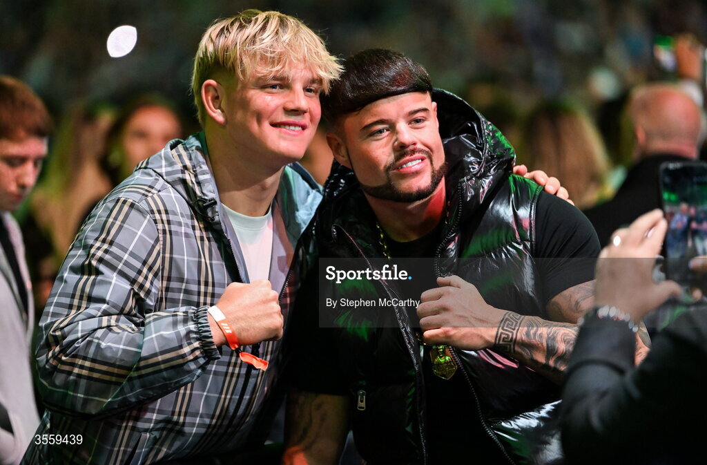 5 September 2026; England and Northampton Saint's player Henry Pollock poses for a photograph with Jack Kay "Ibiza Final Boss" ahead of the undisputed super lightweight championship fight between Katie Taylor and Flora Pili at the Once Upon A Time fight night in Croke Park, Dublin. Photo by Stephen McCarthy/Sportsfile