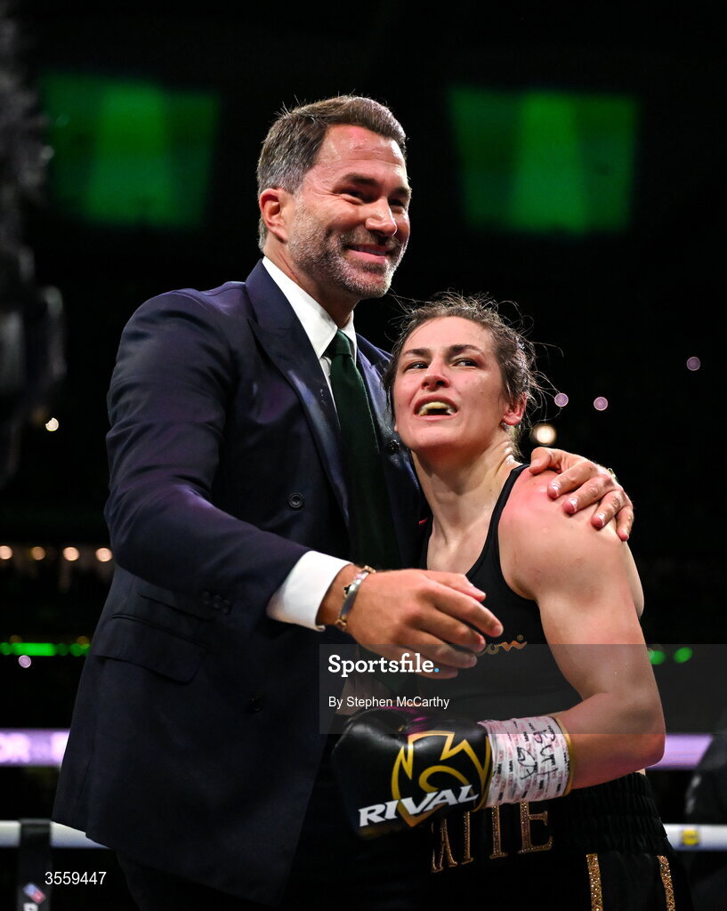 5 September 2026; Katie Taylor celebrates with Chairman of Matchroom Sports Eddie Hearn following her undisputed super lightweight championship fight victory over Flora Pili at the Once Upon A Time fight night in Croke Park, Dublin. Photo by Stephen McCarthy/Sportsfile