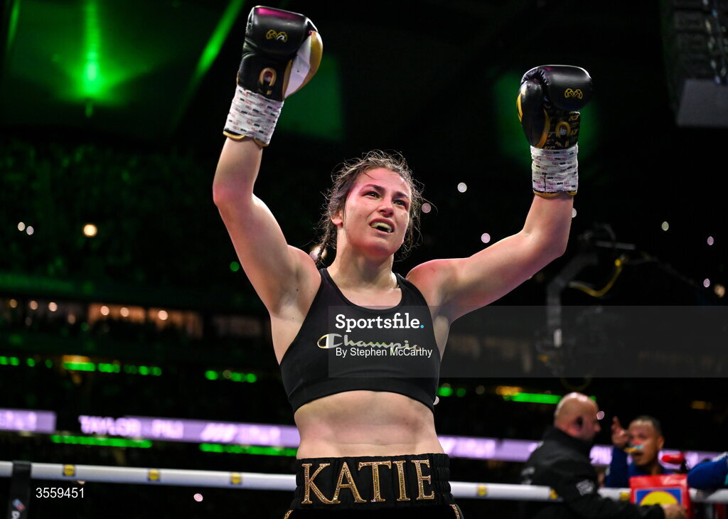 5 September 2026; Katie Taylor celebrates following her undisputed super lightweight championship fight victory over Flora Pili at the Once Upon A Time fight night in Croke Park, Dublin. Photo by Stephen McCarthy/Sportsfile