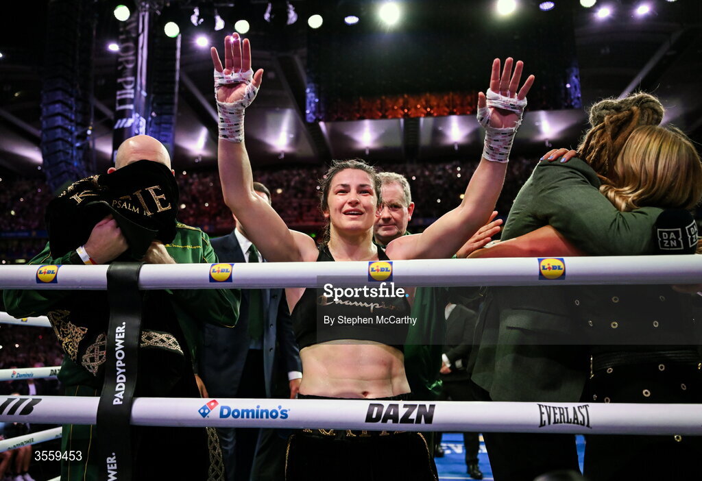 5 September 2026; Katie Taylor celebrates following her undisputed super lightweight championship fight victory over Flora Pili at the Once Upon A Time fight night in Croke Park, Dublin. Photo by Stephen McCarthy/Sportsfile
