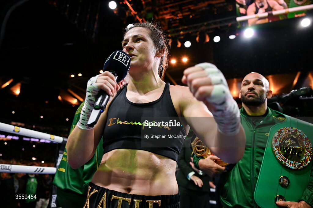 5 September 2026; Katie Taylor following her undisputed super lightweight championship fight victory over Flora Pili at the Once Upon A Time fight night in Croke Park, Dublin. Photo by Stephen McCarthy/Sportsfile