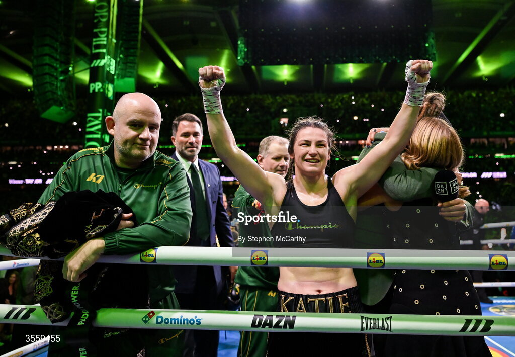 5 September 2026; Katie Taylor celebrates following her undisputed super lightweight championship fight victory over Flora Pili at the Once Upon A Time fight night in Croke Park, Dublin. Photo by Stephen McCarthy/Sportsfile