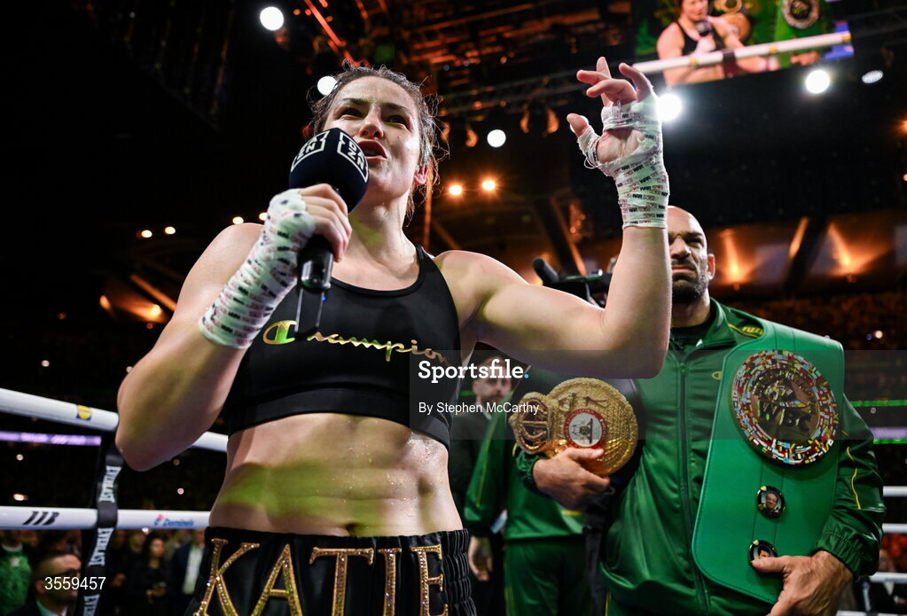 5 September 2026; Katie Taylor following her undisputed super lightweight championship fight victory over Flora Pili at the Once Upon A Time fight night in Croke Park, Dublin. Photo by Stephen McCarthy/Sportsfile