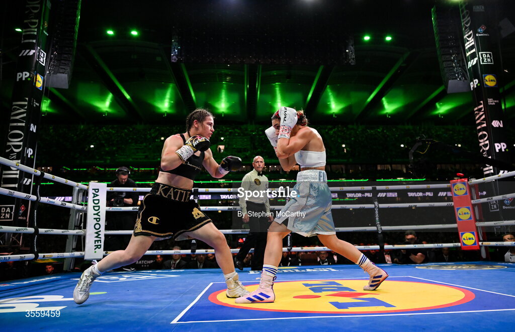 5 September 2026; Katie Taylor, left, and Flora Pili during their undisputed super lightweight championship fight at the Once Upon A Time fight night in Croke Park, Dublin. Photo by Stephen McCarthy/Sportsfile