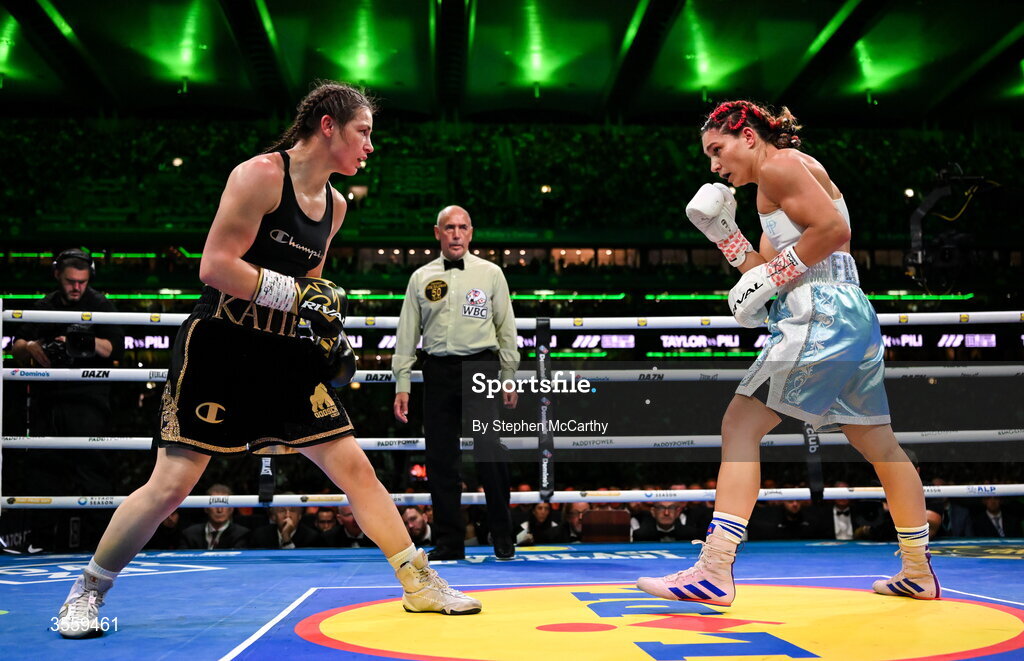 5 September 2026; Katie Taylor, left, and Flora Pili during their undisputed super lightweight championship fight at the Once Upon A Time fight night in Croke Park, Dublin. Photo by Stephen McCarthy/Sportsfile