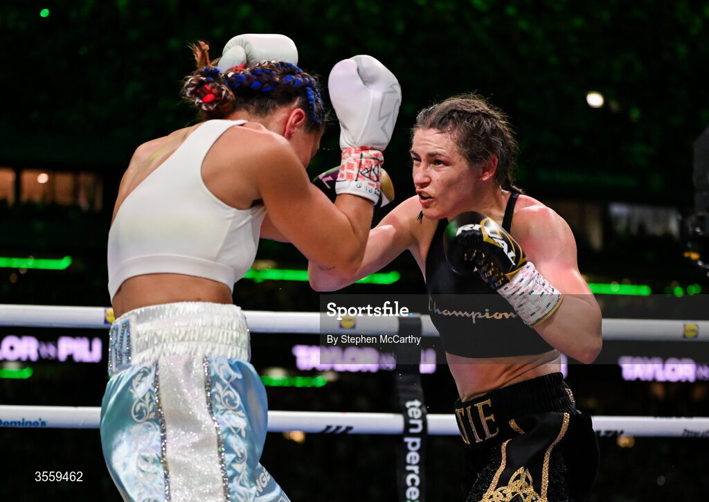 5 September 2026; Katie Taylor, right, and Flora Pili during their undisputed super lightweight championship fight at the Once Upon A Time fight night in Croke Park, Dublin. Photo by Stephen McCarthy/Sportsfile