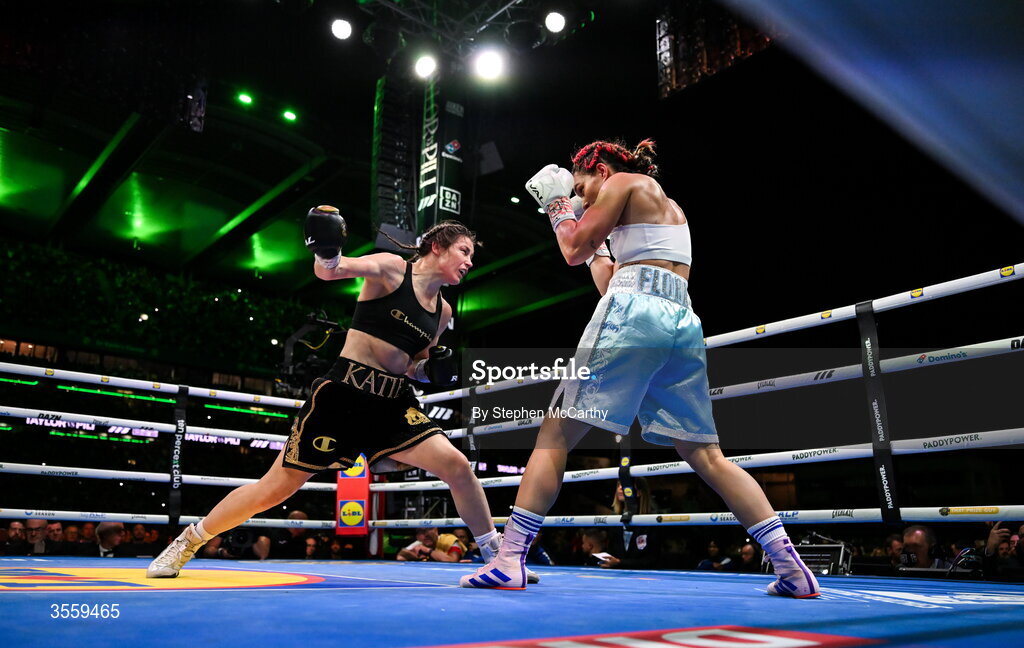 5 September 2026; Katie Taylor, left, and Flora Pili during the closing stage of the 10th and final round in their undisputed super lightweight championship fight at the Once Upon A Time fight night in Croke Park, Dublin. Photo by Stephen McCarthy/Sportsfile