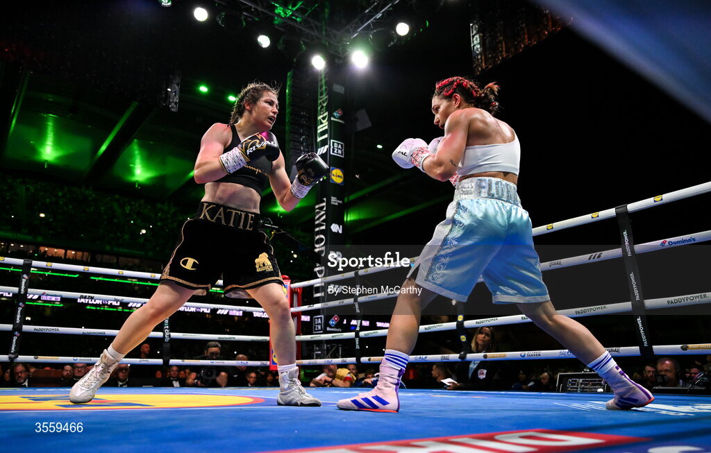 5 September 2026; Katie Taylor, left, and Flora Pili during the closing stage of the 10th and final round in their undisputed super lightweight championship fight at the Once Upon A Time fight night in Croke Park, Dublin. Photo by Stephen McCarthy/Sportsfile
