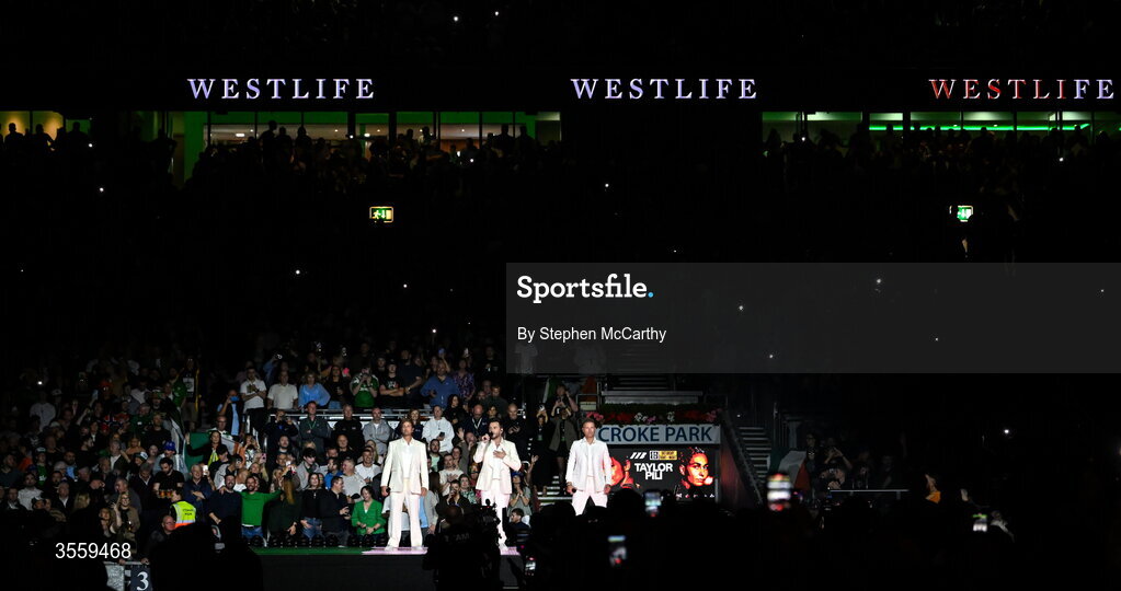 5 September 2026;  Nicky Byrne, left, Kian Egan, centre, and Shane Filan of Westlife perform ahead of the undisputed super lightweight championship fight between Katie Taylor and Flora Pili at the Once Upon A Time fight night in Croke Park, Dublin. Photo by Stephen McCarthy/Sportsfile