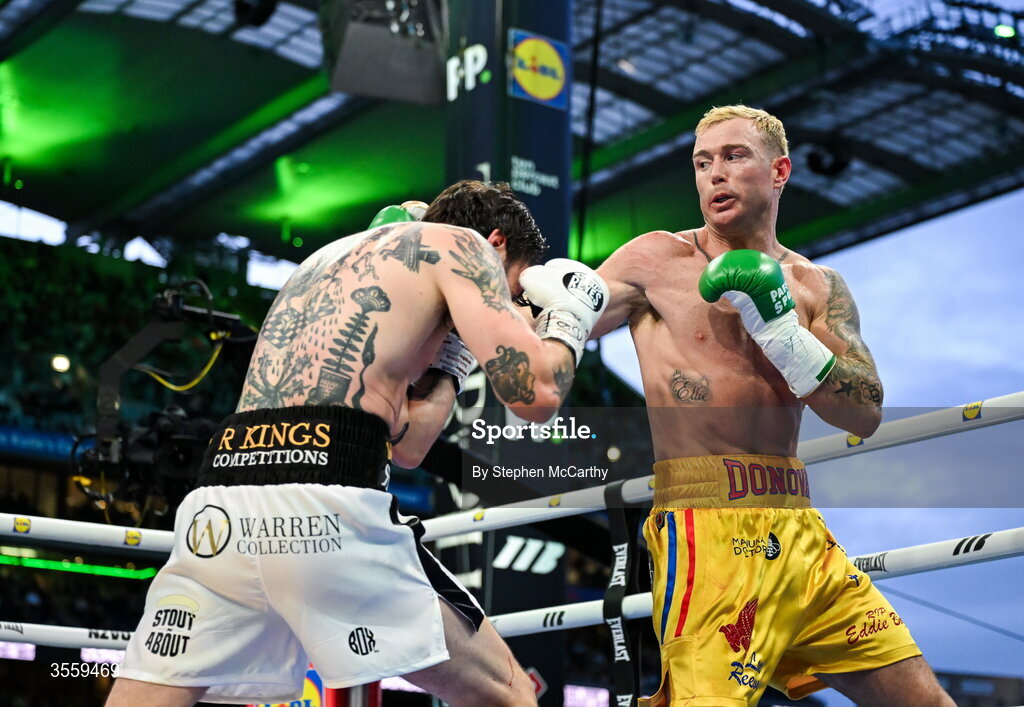 5 September 2026; Paddy Donovan, right, and Tyrone McKenna during their welterweight bout at the Once Upon A Time fight night in Croke Park, Dublin. Photo by Stephen McCarthy/Sportsfile
