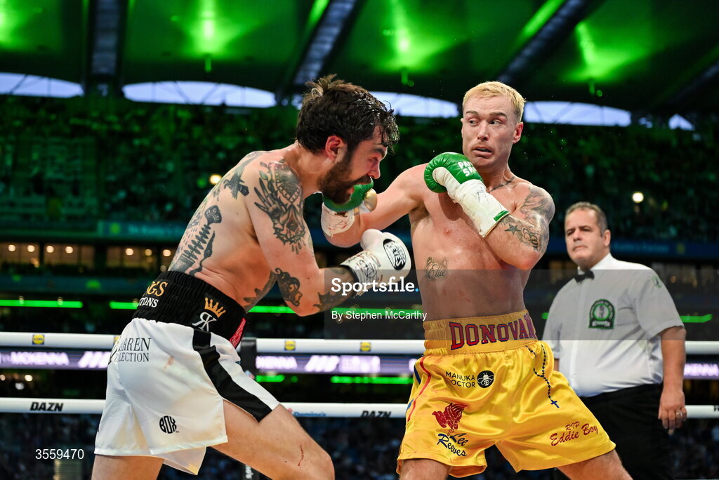 5 September 2026; Paddy Donovan, right, and Tyrone McKenna during their welterweight bout at the Once Upon A Time fight night in Croke Park, Dublin. Photo by Stephen McCarthy/Sportsfile