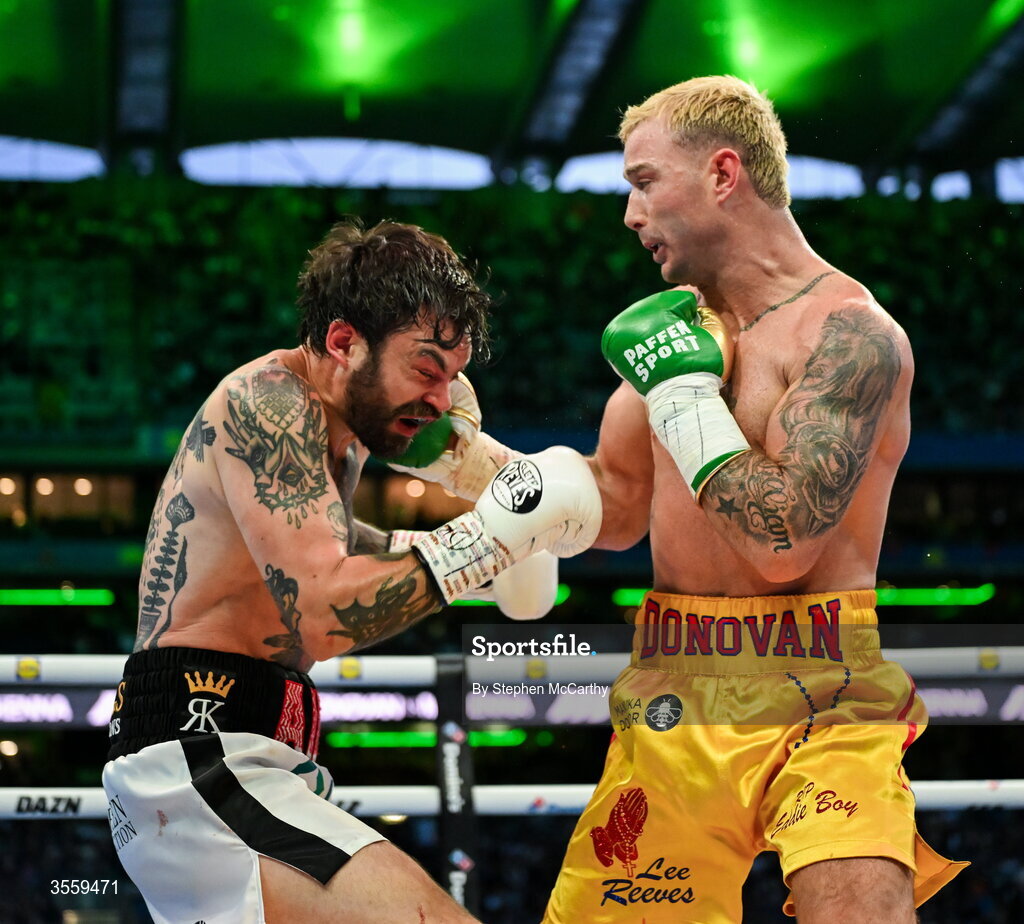 5 September 2026; Paddy Donovan, right, and Tyrone McKenna during their welterweight bout at the Once Upon A Time fight night in Croke Park, Dublin. Photo by Stephen McCarthy/Sportsfile