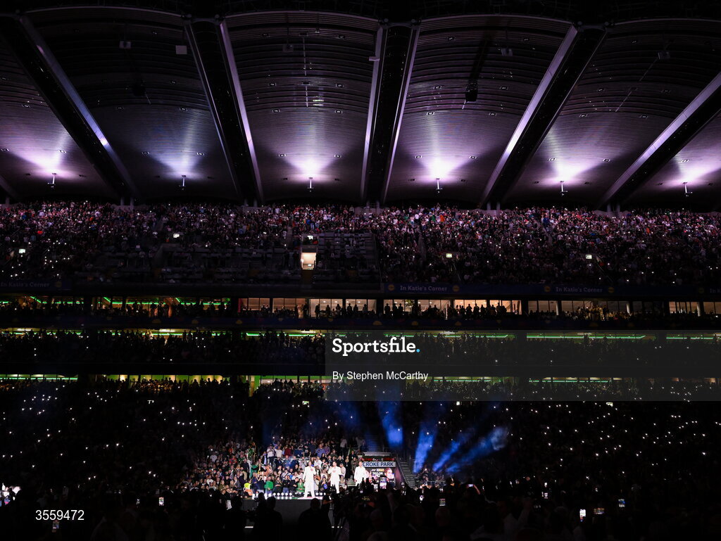 5 September 2026;  Nicky Byrne, left, Kian Egan, centre, and Shane Filan of Westlife perform ahead of the undisputed super lightweight championship fight between Katie Taylor and Flora Pili at the Once Upon A Time fight night in Croke Park, Dublin. Photo by Stephen McCarthy/Sportsfile