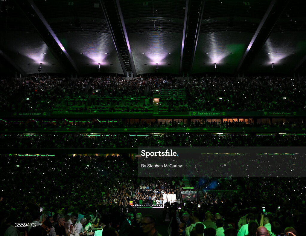 5 September 2026;  Nicky Byrne, left, Kian Egan, centre, and Shane Filan of Westlife perform ahead of the undisputed super lightweight championship fight between Katie Taylor and Flora Pili at the Once Upon A Time fight night in Croke Park, Dublin. Photo by Stephen McCarthy/Sportsfile