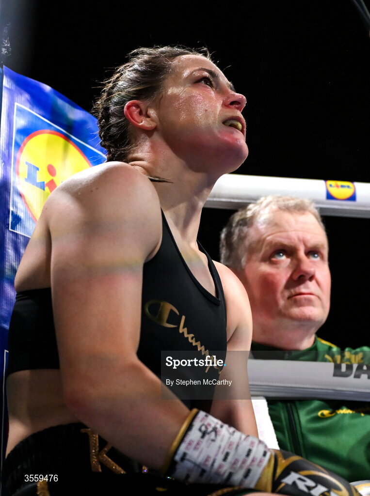 5 September 2026; Katie Taylor and her manager Brian Peters during her undisputed super lightweight championship fight with Flora Pili at the Once Upon A Time fight night in Croke Park, Dublin. Photo by Stephen McCarthy/Sportsfile