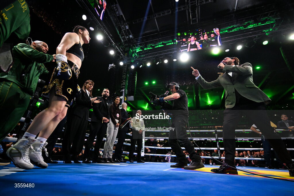 5 September 2026; Katie Taylor is introduced by MC David Diamante during her undisputed super lightweight championship fight with Flora Pili at the Once Upon A Time fight night in Croke Park, Dublin. Photo by Stephen McCarthy/Sportsfile