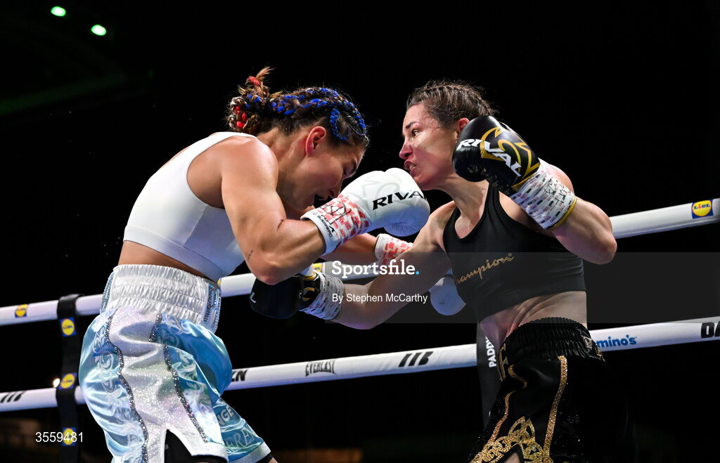 5 September 2026; Katie Taylor, right, and Flora Pili during their undisputed super lightweight championship fight at the Once Upon A Time fight night in Croke Park, Dublin. Photo by Stephen McCarthy/Sportsfile