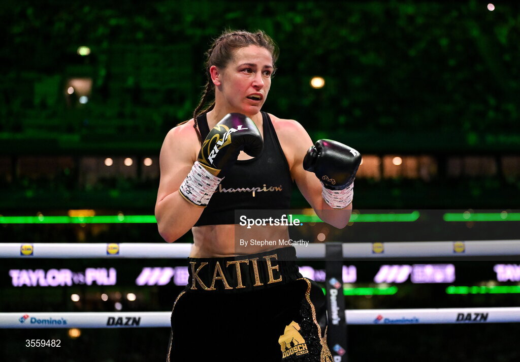 5 September 2026; Katie Taylor during her undisputed super lightweight championship fight with Flora Pili at the Once Upon A Time fight night in Croke Park, Dublin. Photo by Stephen McCarthy/Sportsfile