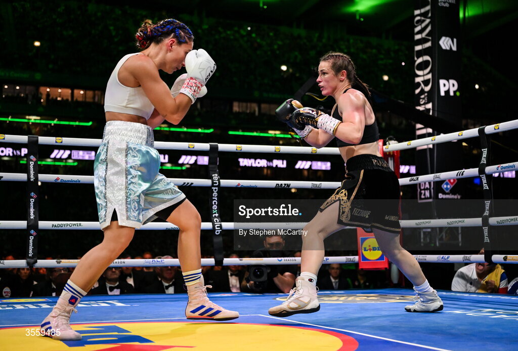 5 September 2026; Katie Taylor, right, and Flora Pili during their undisputed super lightweight championship fight at the Once Upon A Time fight night in Croke Park, Dublin. Photo by Stephen McCarthy/Sportsfile