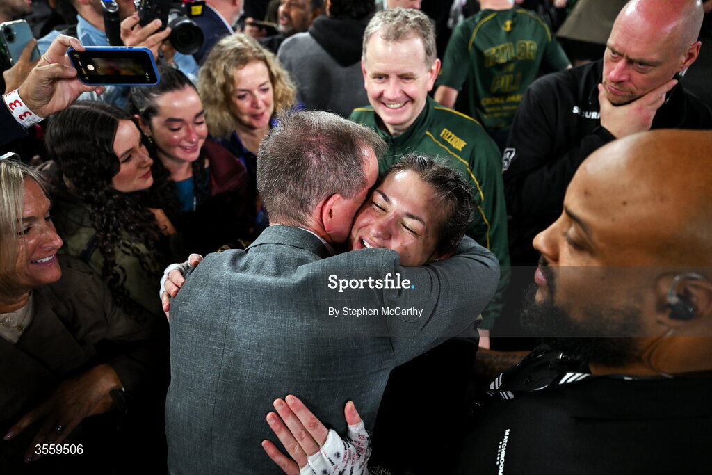 5 September 2026; Katie Taylor with boxing commentator Adam Smith after her undisputed super lightweight championship fight victory over Flora Pili at the Once Upon A Time fight night in Croke Park, Dublin. Photo by Stephen McCarthy/Sportsfile