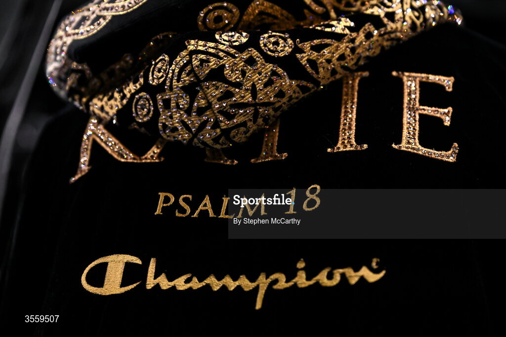 5 September 2026; A detailed view of PSALM 18 on the back of Katie Taylor's robe following her undisputed super lightweight championship fight victory over Flora Pili at the Once Upon A Time fight night in Croke Park, Dublin. Photo by Stephen McCarthy/Sportsfile