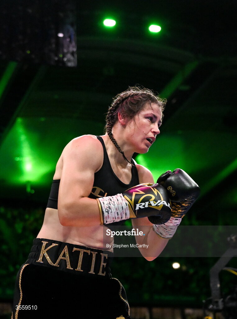 5 September 2026; Katie Taylor during her undisputed super lightweight championship fight with Flora Pili at the Once Upon A Time fight night in Croke Park, Dublin. Photo by Stephen McCarthy/Sportsfile
