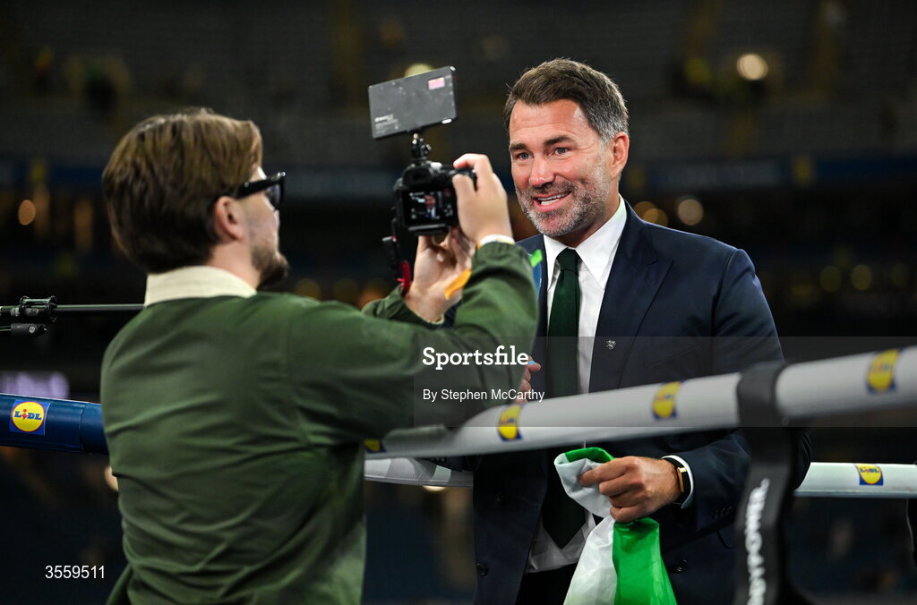 5 September 2026; Chairman of Matchroom Sports Eddie Hearn is interviewed by Charlie Parsons following Katie Taylor's victory over Flora Pili in their undisputed super lightweight championship fight at the Once Upon A Time fight night in Croke Park, Dublin. Photo by Stephen McCarthy/Sportsfile