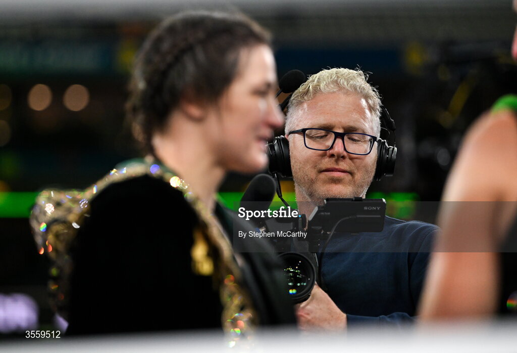 5 September 2026; Documentary filmmaker Ross Whitaker films Katie Taylor following her undisputed super lightweight championship fight victory over Flora Pili at the Once Upon A Time fight night in Croke Park, Dublin. Photo by Stephen McCarthy/Sportsfile