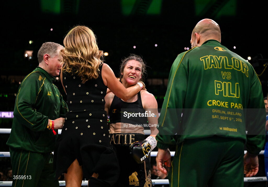 5 September 2026; Katie Taylor celebrates with her mother Bridget following her undisputed super lightweight championship fight victory over Flora Pili at the Once Upon A Time fight night in Croke Park, Dublin. Photo by Stephen McCarthy/Sportsfile