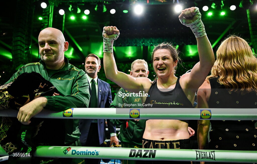 5 September 2026; Katie Taylor following her undisputed super lightweight championship fight victory over Flora Pili at the Once Upon A Time fight night in Croke Park, Dublin. Photo by Stephen McCarthy/Sportsfile