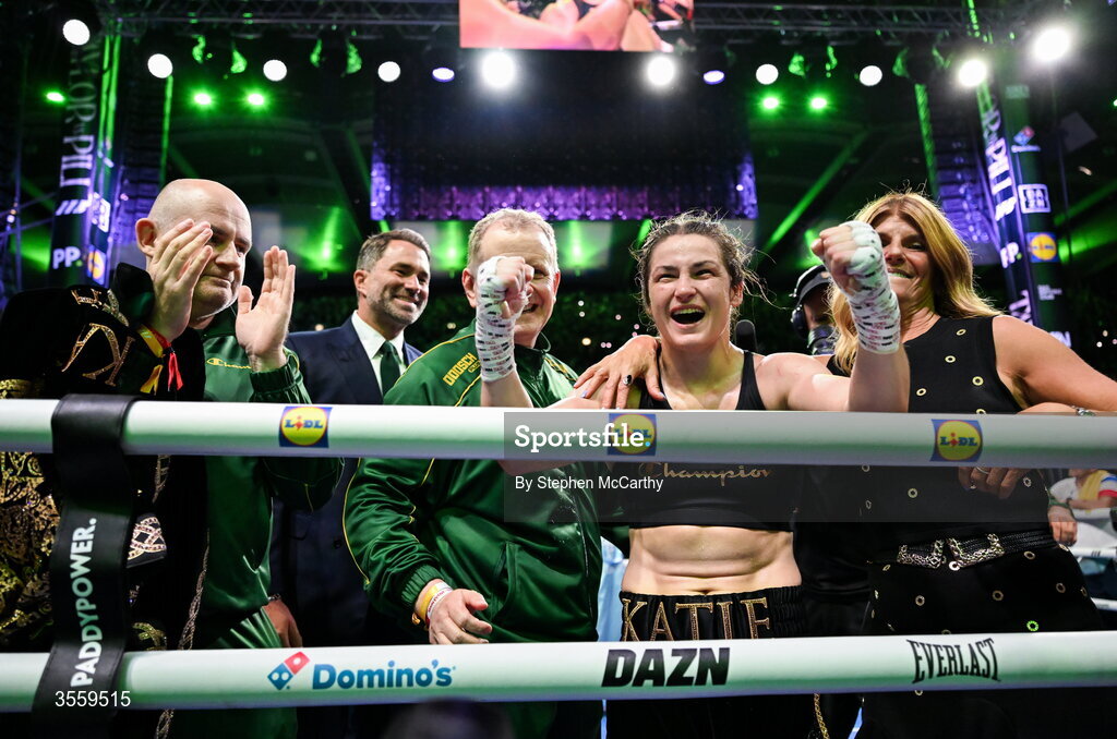 5 September 2026; Katie Taylor following her undisputed super lightweight championship fight victory over Flora Pili at the Once Upon A Time fight night in Croke Park, Dublin. Photo by Stephen McCarthy/Sportsfile
