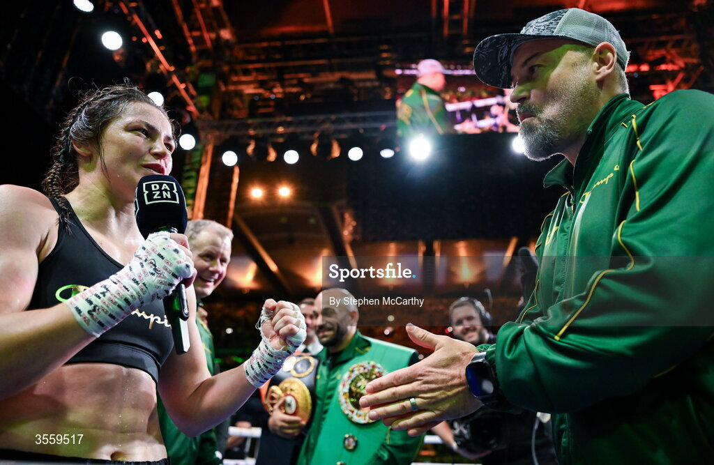 5 September 2026; Katie Taylor and her husband Sean McCavanagh following her undisputed super lightweight championship fight victory over Flora Pili at the Once Upon A Time fight night in Croke Park, Dublin. Photo by Stephen McCarthy/Sportsfile
