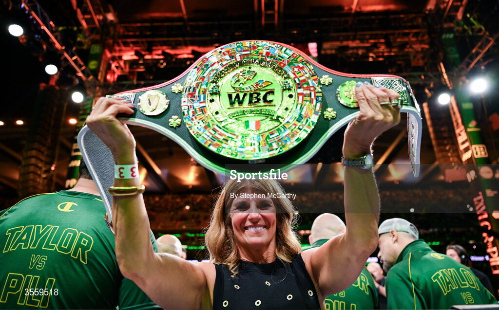 5 September 2026; Bridget Taylor, mother of Katie Taylor celebrates afger the undisputed super lightweight championship fight between Katie Taylor and Flora Pili at the Once Upon A Time fight night in Croke Park, Dublin. Photo by Stephen McCarthy/Sportsfile