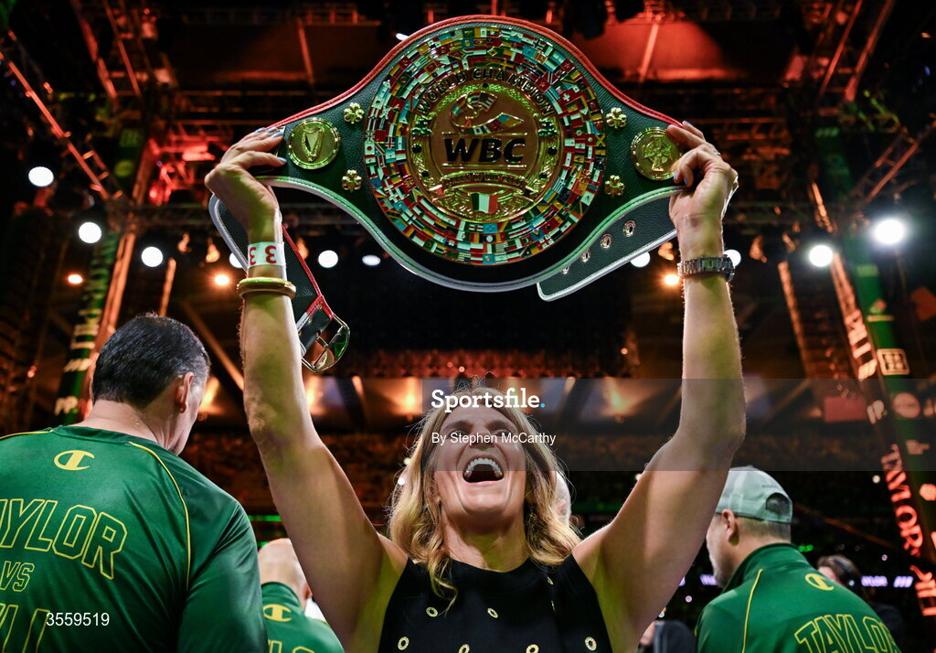 5 September 2026; Bridget Taylor, mother of Katie Taylor celebrates afger the undisputed super lightweight championship fight between Katie Taylor and Flora Pili at the Once Upon A Time fight night in Croke Park, Dublin. Photo by Stephen McCarthy/Sportsfile