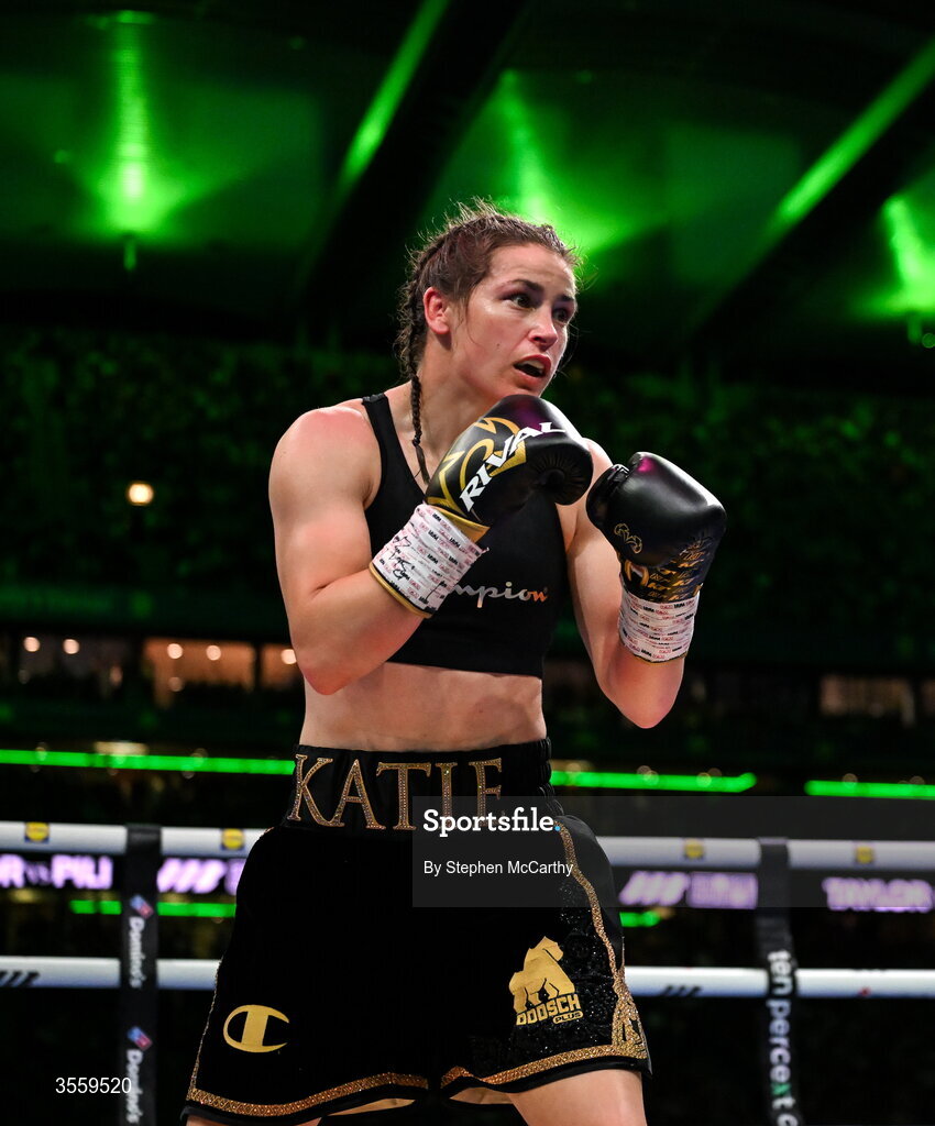 5 September 2026; Katie Taylor during her undisputed super lightweight championship fight with Flora Pili at the Once Upon A Time fight night in Croke Park, Dublin. Photo by Stephen McCarthy/Sportsfile