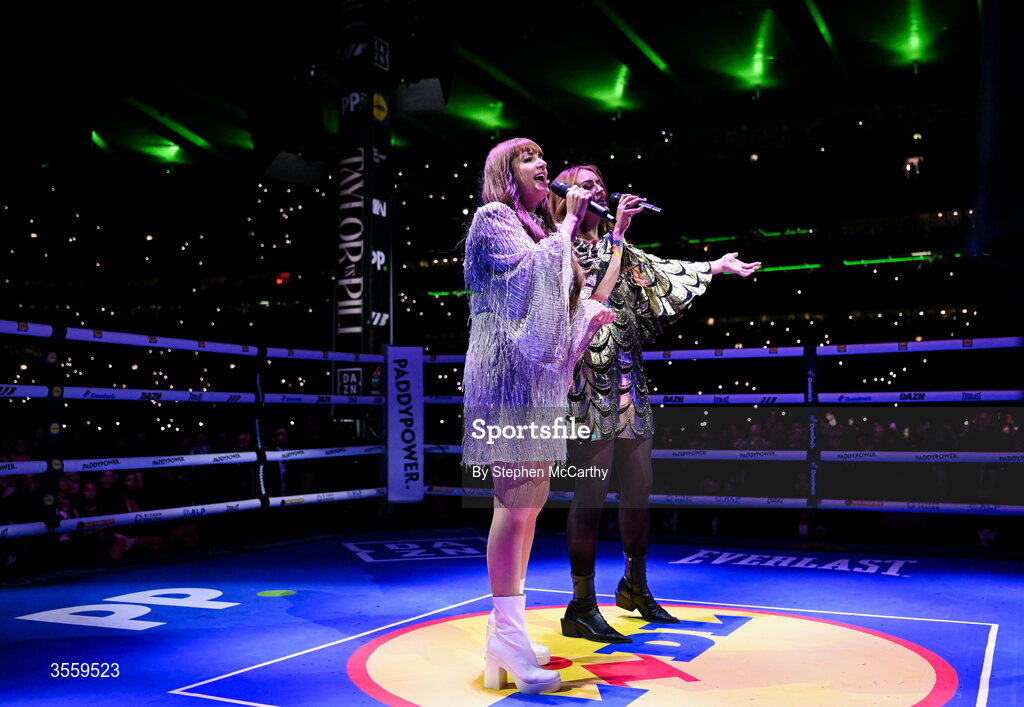 5 September 2026; Aoife Scott, left, and Róisín O perform Amhrán na bhFiann before Katie Taylor's ringwalk for her undisputed super lightweight championship fight with Flora Pili at the Once Upon A Time fight night in Croke Park, Dublin. Photo by Stephen McCarthy/Sportsfile