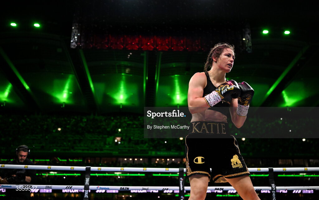 5 September 2026; Katie Taylor during her undisputed super lightweight championship fight with Flora Pili at the Once Upon A Time fight night in Croke Park, Dublin. Photo by Stephen McCarthy/Sportsfile