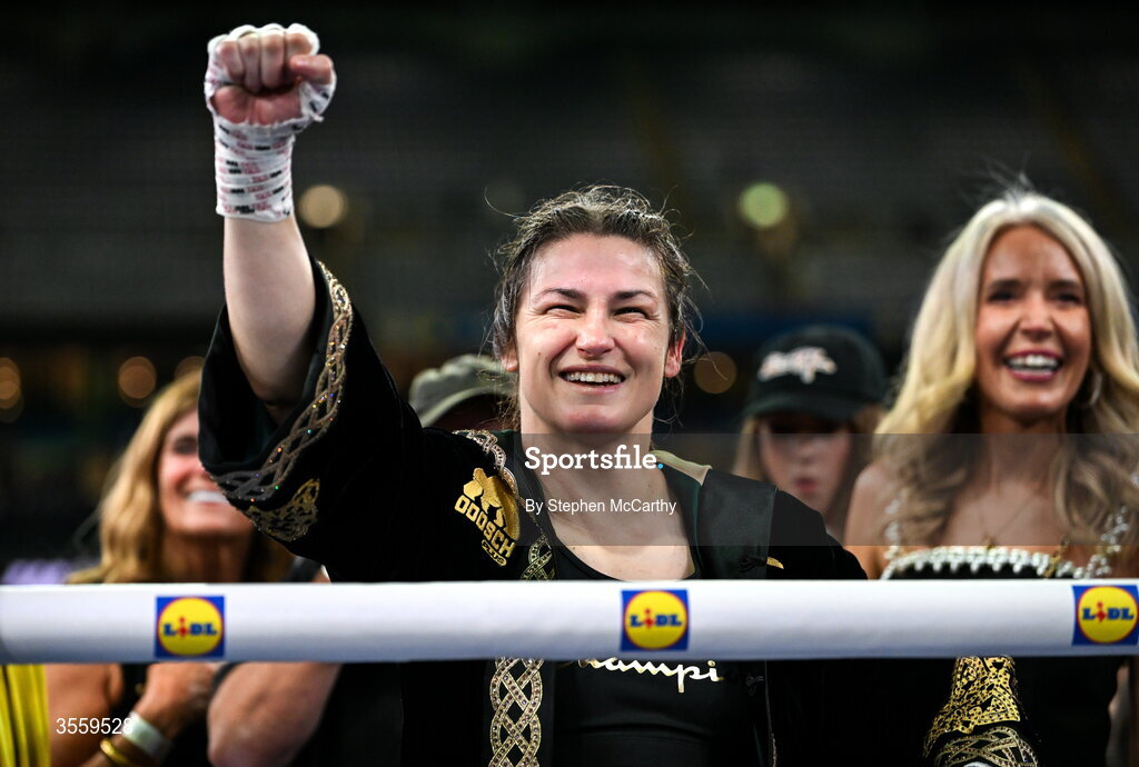 5 September 2026; Katie Taylor celebrates after her undisputed super lightweight championship fight with Flora Pili at the Once Upon A Time fight night in Croke Park, Dublin. Photo by Stephen McCarthy/Sportsfile