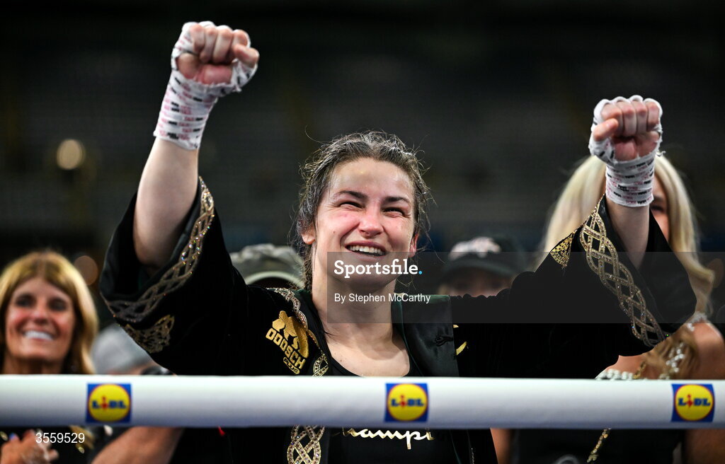 5 September 2026; Katie Taylor celebrates after her undisputed super lightweight championship fight with Flora Pili at the Once Upon A Time fight night in Croke Park, Dublin. Photo by Stephen McCarthy/Sportsfile