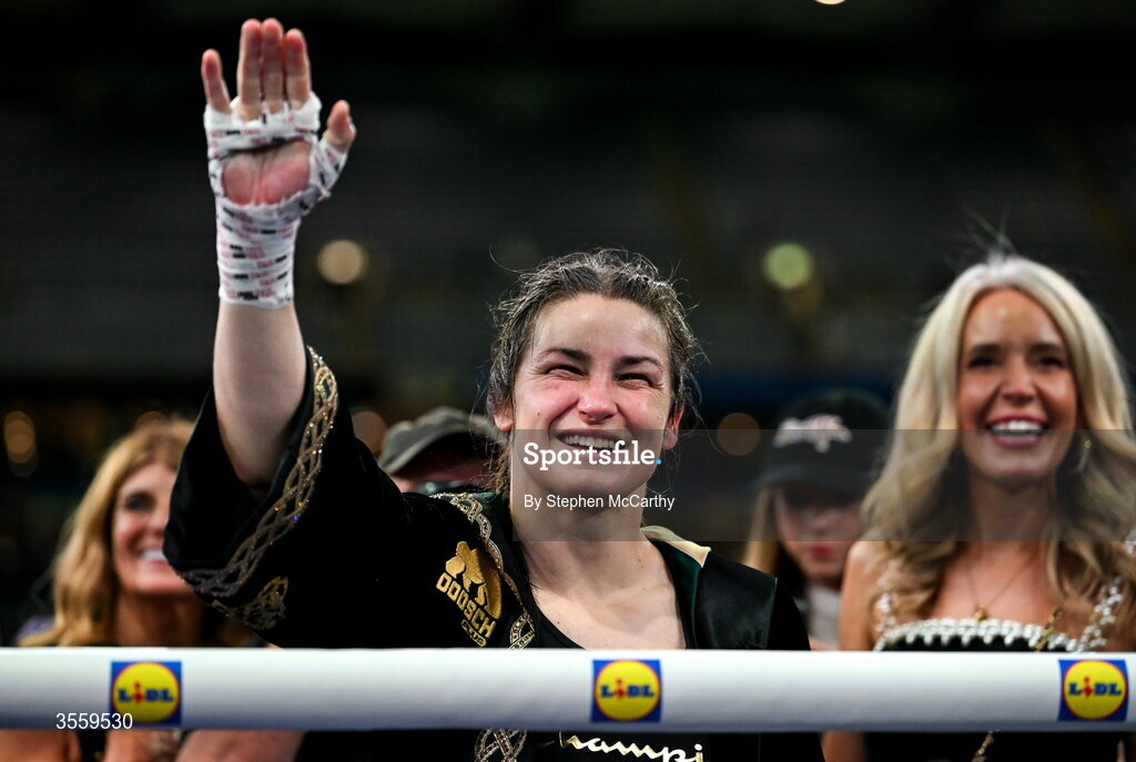 5 September 2026; Katie Taylor celebrates after her undisputed super lightweight championship fight with Flora Pili at the Once Upon A Time fight night in Croke Park, Dublin. Photo by Stephen McCarthy/Sportsfile