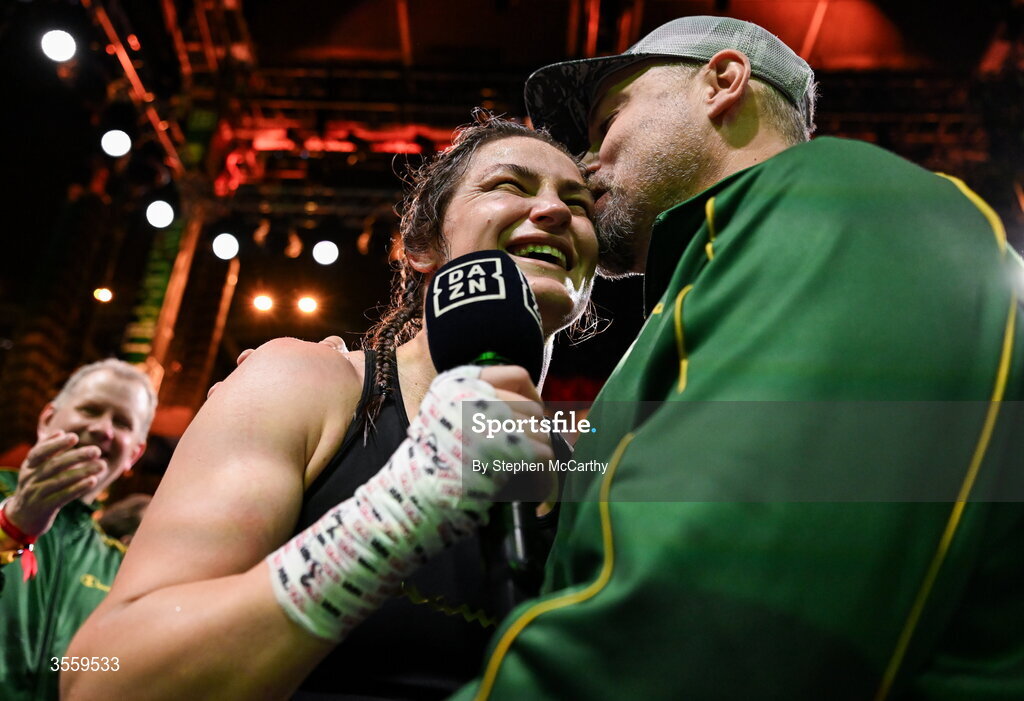 5 September 2026; Katie Taylor with her husband Sean McCavanagh after her undisputed super lightweight championship fight with Flora Pili at the Once Upon A Time fight night in Croke Park, Dublin. Photo by Stephen McCarthy/Sportsfile