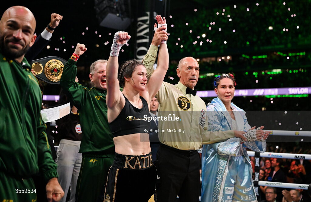 5 September 2026; Katie Taylor, left, is declared victorious in her undisputed super lightweight championship fight with Flora Pili by referee David Irving at the Once Upon A Time fight night in Croke Park, Dublin. Photo by Stephen McCarthy/Sportsfile