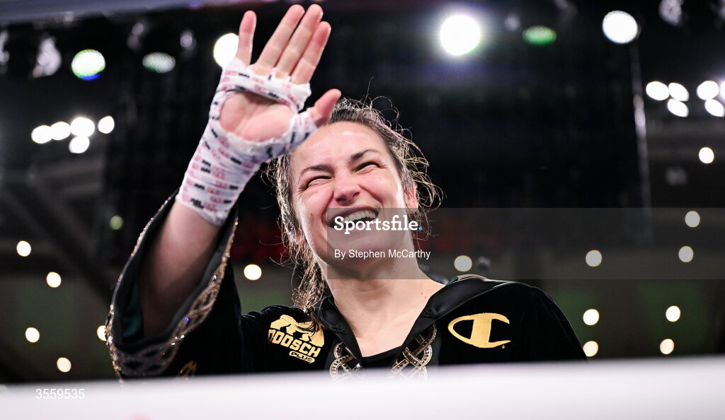 5 September 2026; Katie Taylor celebrates after her undisputed super lightweight championship fight with Flora Pili at the Once Upon A Time fight night in Croke Park, Dublin. Photo by Stephen McCarthy/Sportsfile
