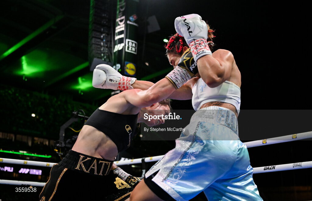 5 September 2026; Katie Taylor, left, and Flora Pili during their undisputed super lightweight championship fight at the Once Upon A Time fight night in Croke Park, Dublin. Photo by Stephen McCarthy/Sportsfile