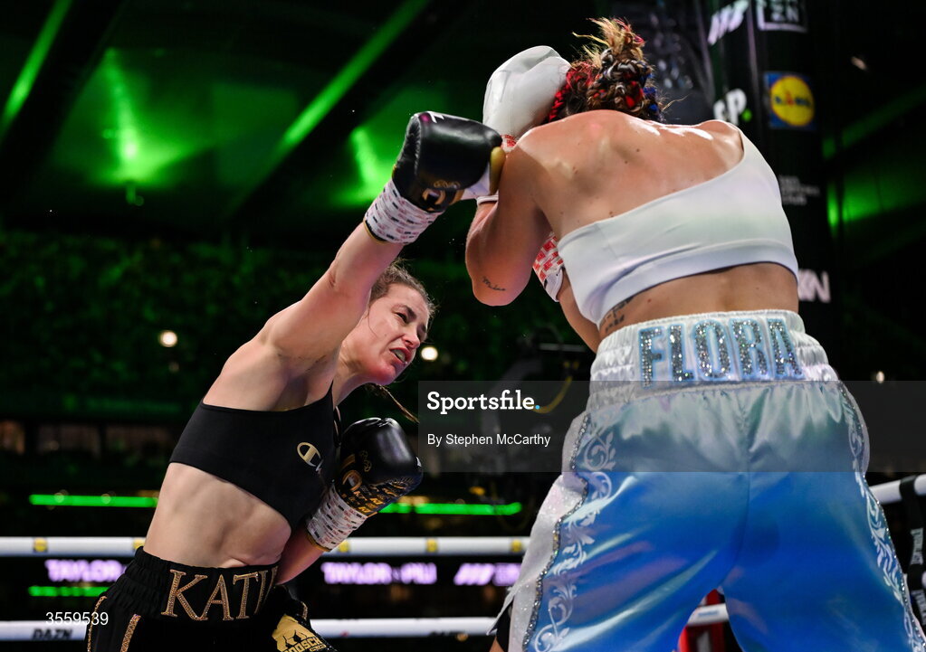 5 September 2026; Katie Taylor, left, and Flora Pili during their undisputed super lightweight championship fight at the Once Upon A Time fight night in Croke Park, Dublin. Photo by Stephen McCarthy/Sportsfile